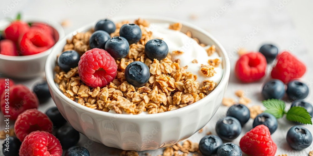Bowl of yogurt with granola, dry raspberries and blueberries, breakfast, berries Bowl of yogurt with granola, dry raspberries and blueberries, breakfast, berries