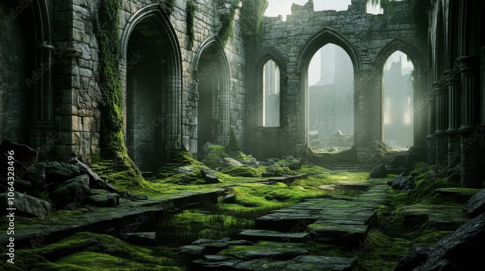 Fototapeta premium Ancient structure covered in greenery and moss.