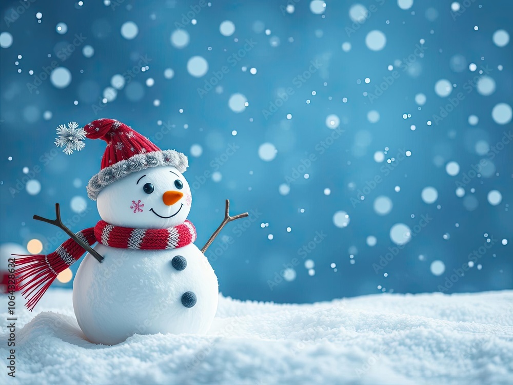 Cute snowman wearing a hat and scarf standing in a snowfall, evoking a winter fairy tale scene, cute, whimsy Cute snowman wearing a hat and scarf standing in a snowfall, evoking a winter fairy tale scene, cute, whimsy