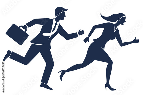 Business man and business woman in rush competing run