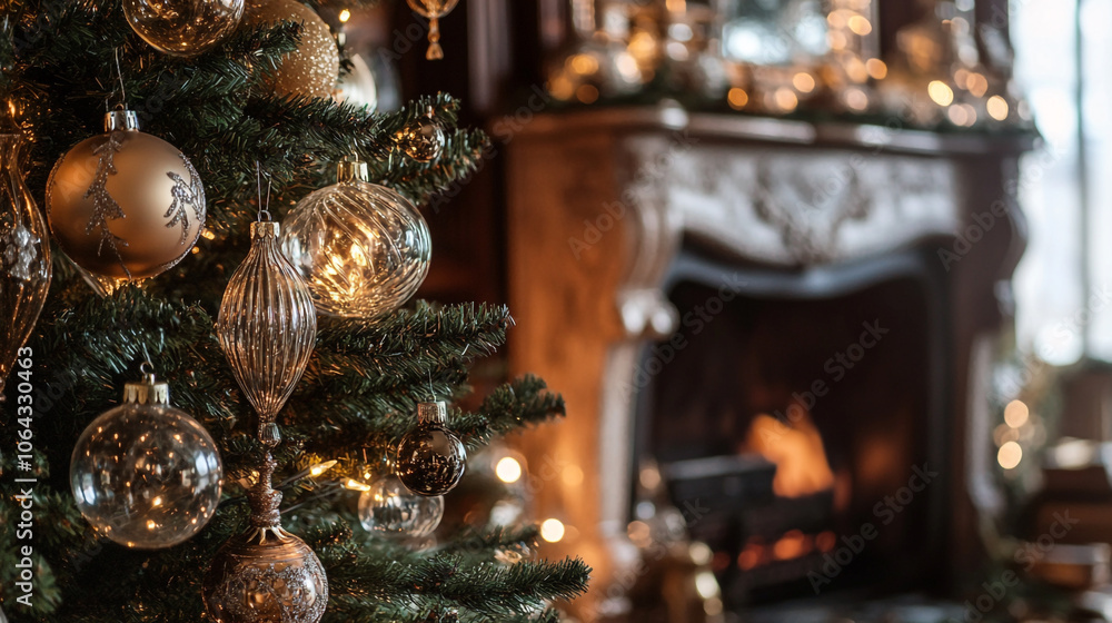 Cozy Christmas tree adorned with ornaments beside a warm fireplace in a festive living room Cozy Christmas tree adorned with ornaments beside a warm fireplace in a festive living room