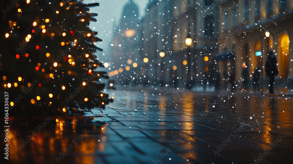A winter evening in the city with Christmas lights and falling snow creating a festive atmosphere A winter evening in the city with Christmas lights and falling snow creating a festive atmosphere
