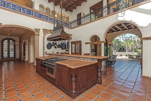 Mediterranean-Inspired Kitchen with Tiled Floor, High Ceilings, and Large Island - Perfect for Luxury Home Listings