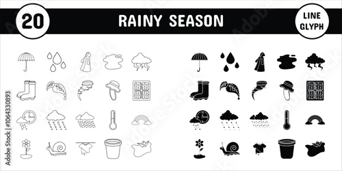 Rainy Season Line Glyph Vector Illustration Icon Sticker Set Design Materials