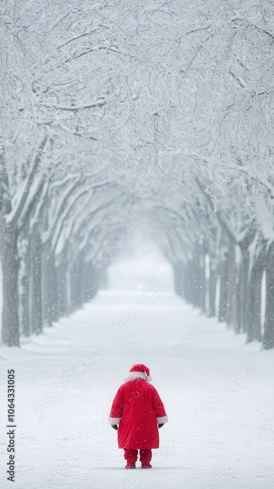 Santa Claus Walking Through Snowy Winter Park Alley with Christmas Lights Santa Claus Walking Through Snowy Winter Park Alley with Christmas Lights