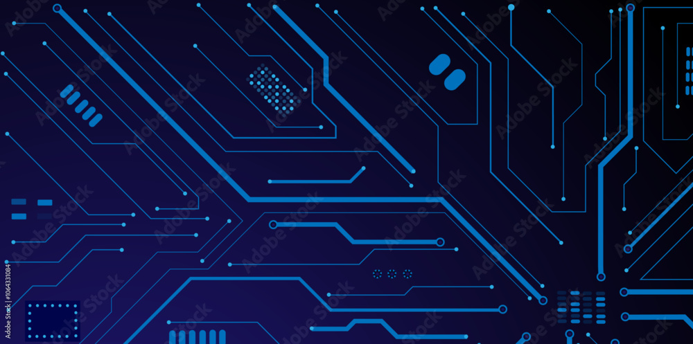 Vector illustration fantastic digital technology. Technology lines circuit and dots on blue background, circuit board network connection. Vector illustration fantastic digital technology. Technology lines circuit and dots on blue background, circuit board network connection.