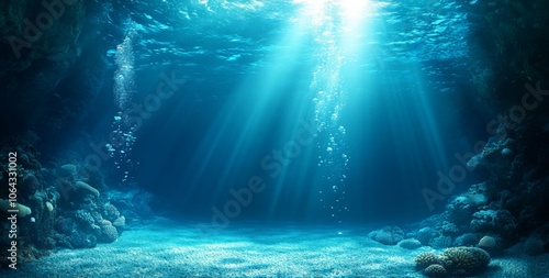 Stunning underwater ocean scene showcasing deep blue abyss illuminated by sunlight. 