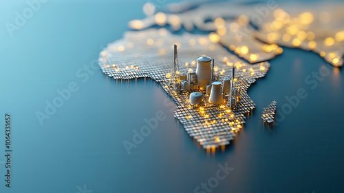 3D view of Africa shape outlined by energy infrastructure, showcasing power plants and industrial elements, symbolizing growth and development