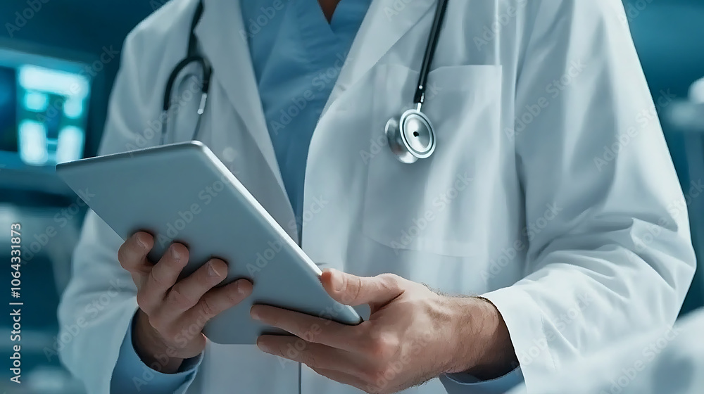 Doctor using tablet to review patient data in modern medical setting, showcasing technology in healthcare. professional attire and stethoscope emphasize medical environment Doctor using tablet to review patient data in modern medical setting, showcasing technology in healthcare. professional attire and stethoscope emphasize medical environment