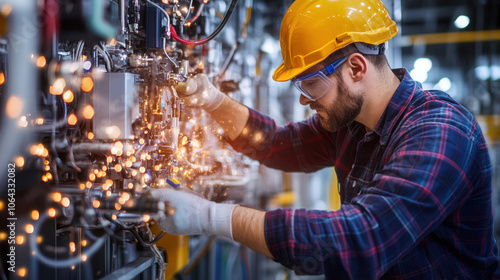 skilled plumber working diligently on machinery, wearing safety gear and hard hat, showcasing expertise and focus in vibrant industrial setting