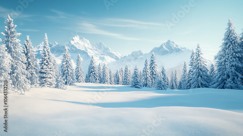 Snow-covered landscape with majestic mountains and evergreen trees under a clear blue sky.