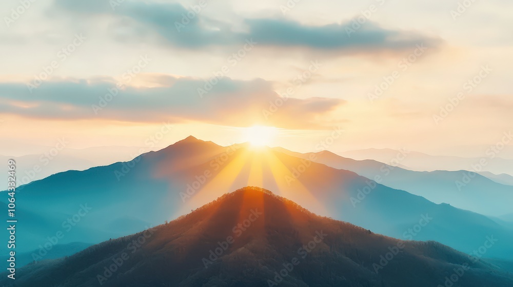 Obraz premium Majestic Mountain Sunrise with Golden Rays and Dramatic Sky