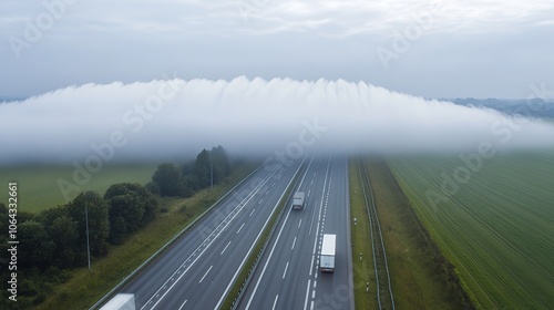Surreal Scene of Thick Cloud Floating Below Elevated Highway, Creating a Dreamlike and Ethereal Atmosphere with Contrast Between Urban Infrastructure and Nature.