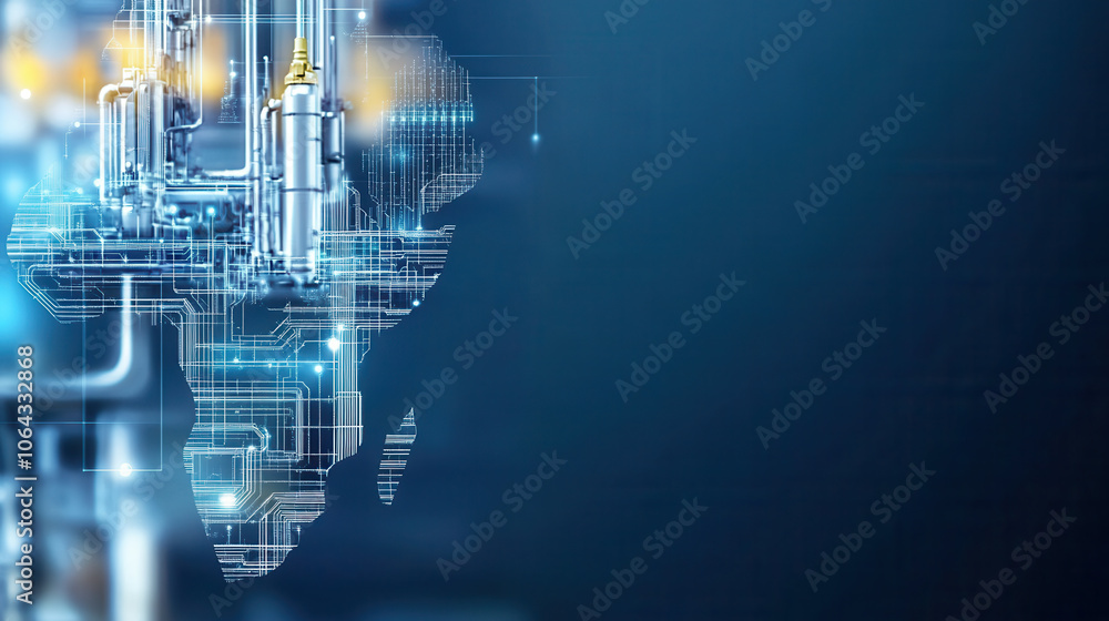Aerial view of Africa shape formed from power stations and technology, showcasing energy infrastructure and innovation Aerial view of Africa shape formed from power stations and technology, showcasing energy infrastructure and innovation