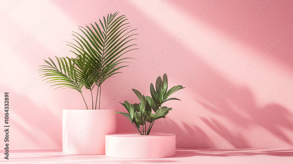 Stylish indoor plants in pastel pink pots against a soft pink backdrop, creating a serene and modern atmosphere. Stylish indoor plants in pastel pink pots against a soft pink backdrop, creating a serene and modern atmosphere.