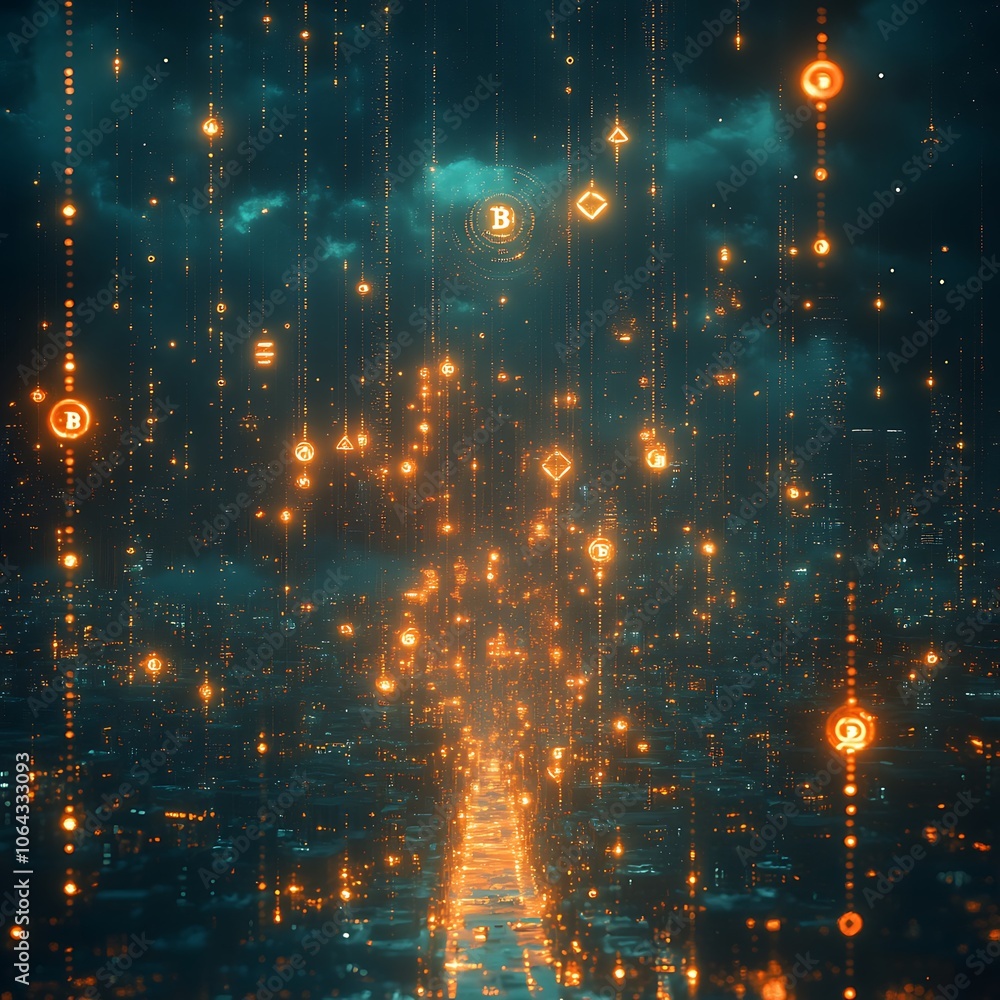 Obraz premium A digital city landscape with glowing orbs falling from the sky.