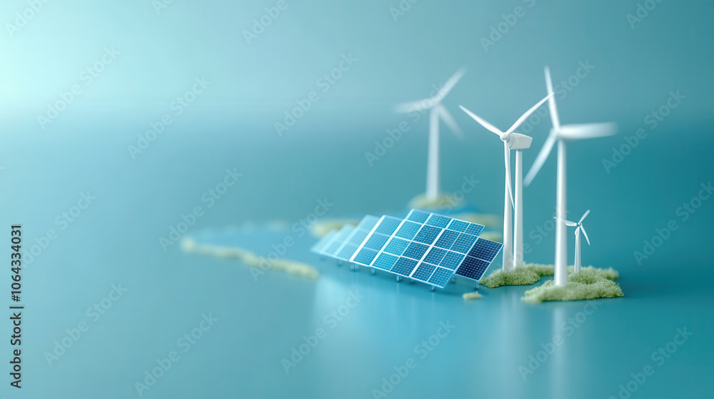miniature model of solar panels and wind turbines on blue background ...