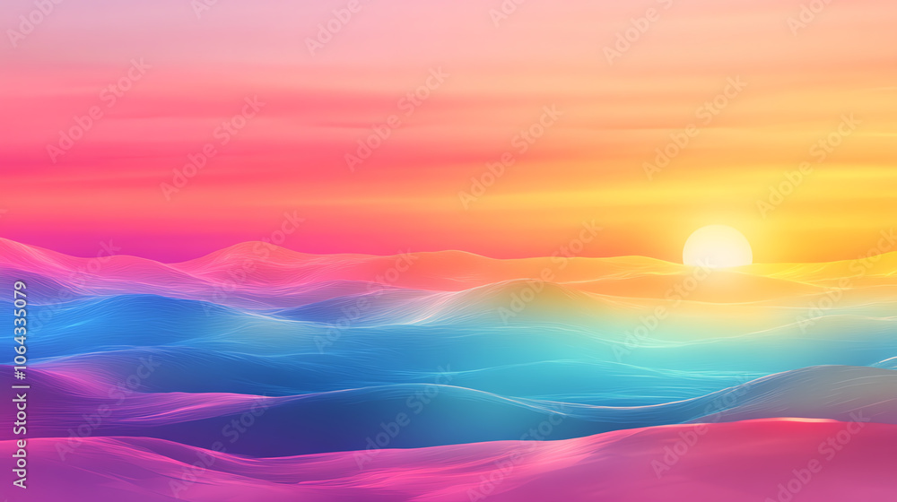 Vibrant sunset over soft waves in a gradient of colors, evoking tranquility and beauty in a dreamlike atmosphere. Vibrant sunset over soft waves in a gradient of colors, evoking tranquility and beauty in a dreamlike atmosphere.