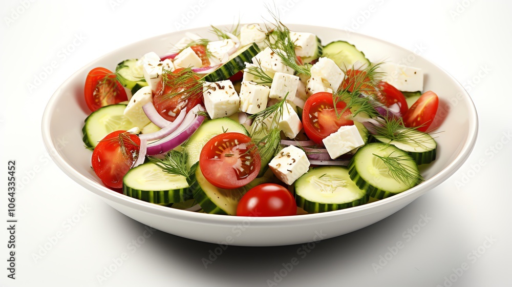 A fresh and delicious salad with feta cheese, cucumber, tomato, red onion, and dill. A fresh and delicious salad with feta cheese, cucumber, tomato, red onion, and dill.
