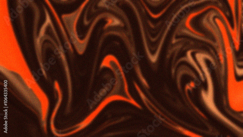 An abstract fluid artwork with swirling dark brown and vibrant orange tones, creating a dynamic and intense flow of shapes that evoke movement and energy.