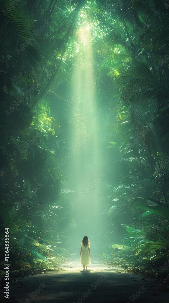 Obraz premium Woman Walking Towards Sunlight Through Lush Jungle Path