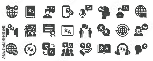 Translation language glyph solid icons collection. Containing translate, learning, speaking, education, translator. Minimal icon and symbol series vector illustration