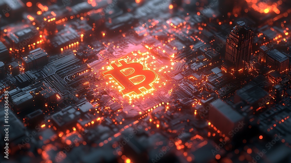 A glowing Bitcoin symbol is centered on a complex circuit board, suggesting the digital nature of cryptocurrency. A glowing Bitcoin symbol is centered on a complex circuit board, suggesting the digital nature of cryptocurrency.