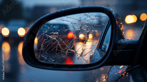 Rearview mirror reflecting rainy accident scene with blurred cars, creating dramatic and emotional atmosphere. raindrops add sense of urgency and tension