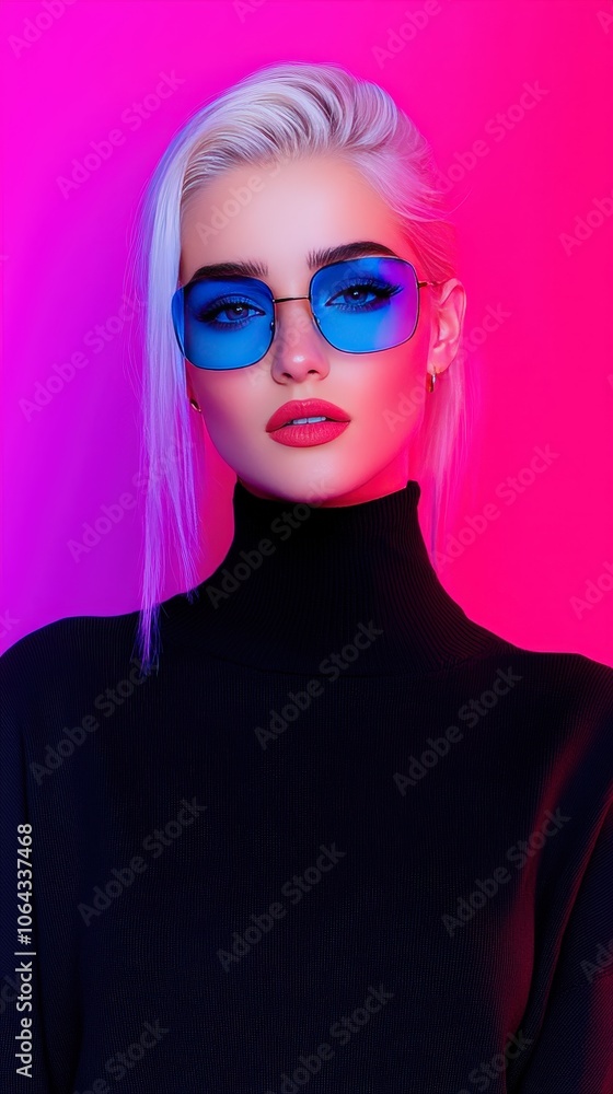 Fashionable Woman in Blue Sunglasses and Black Turtleneck Fashionable Woman in Blue Sunglasses and Black Turtleneck