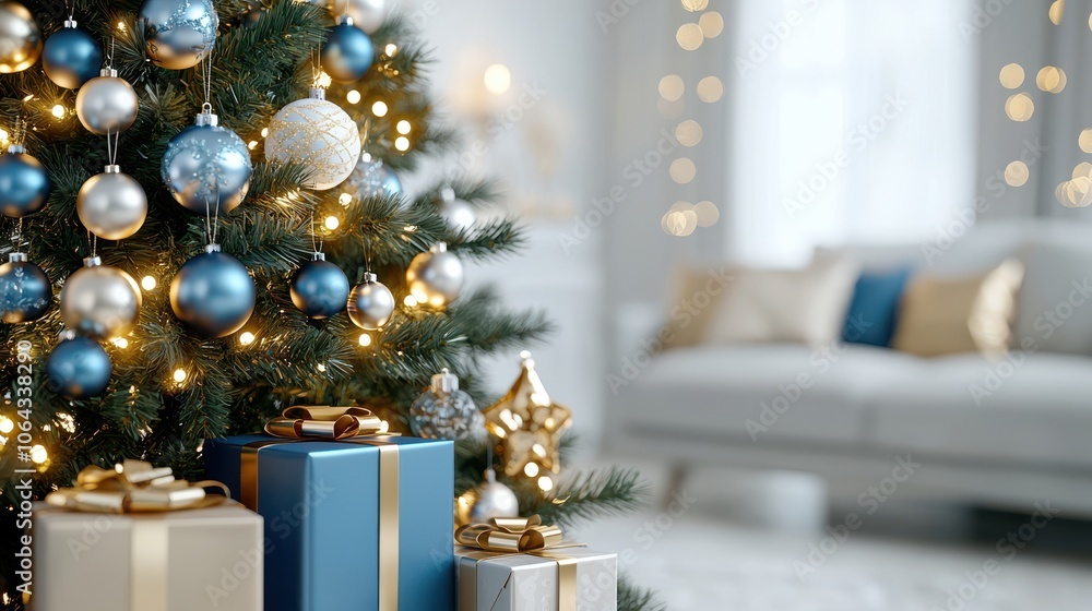 Blue & Gold Christmas Tree with Gifts & Lights Blue & Gold Christmas Tree with Gifts & Lights