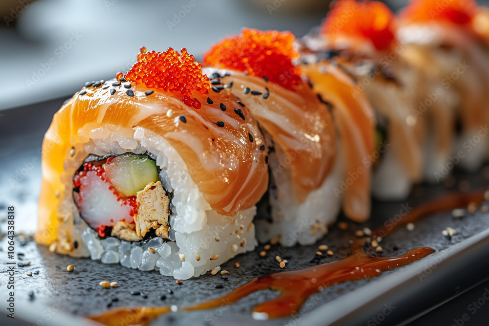 Sushi rolls on a wooden plate on a table in a restaurant background close up. Sushi rolls on a wooden plate on a table in a restaurant background close up.