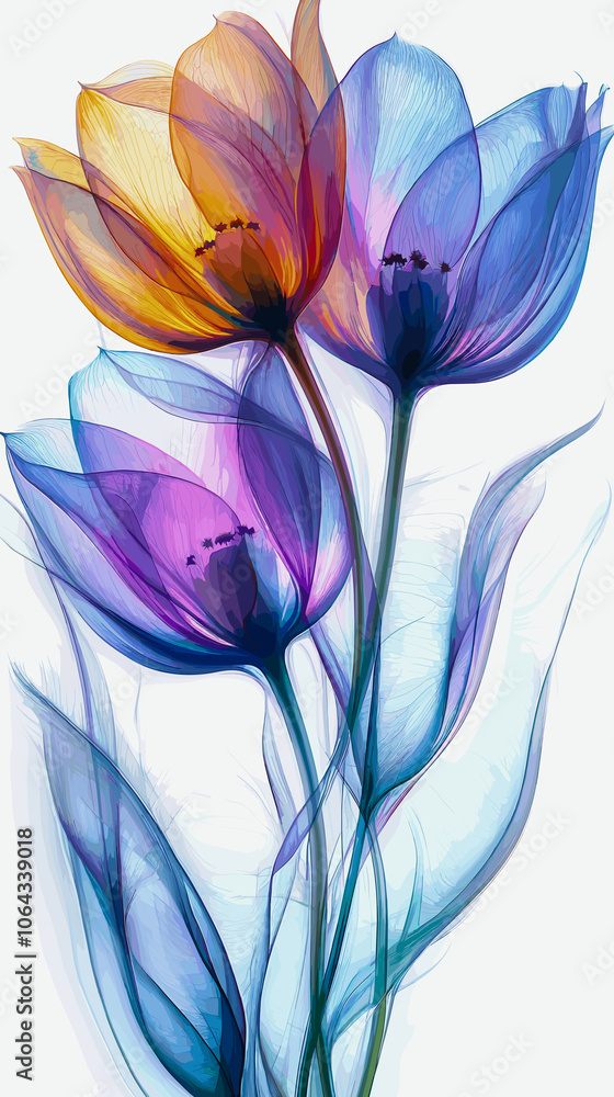 Obraz premium Colorful translucent tulips in a delicate artistic composition displaying light and movement on a white background