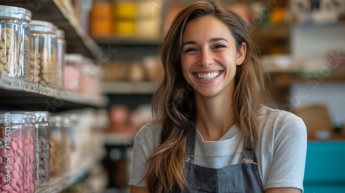 A woman with long hair is smiling in front of a store with jars of food