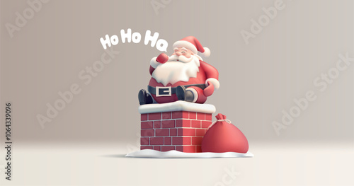 Ho Ho Ho, Merry Christmas. 3D Santa character sitting on the chimney with a bag of gifts. For the concepts of celebrating Christmas and winter holidays. Vector illustration.