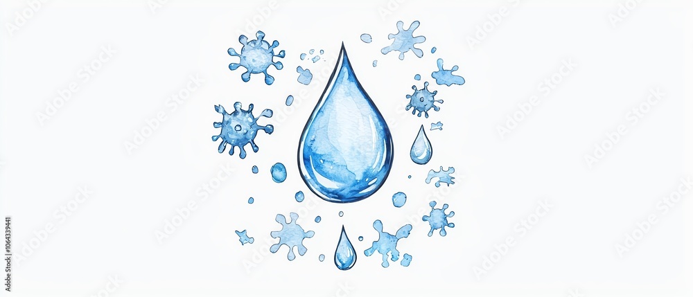 A detailed illustration of a water droplet surrounded by various shapes representing water and purity, all on a white isolated background. A detailed illustration of a water droplet surrounded by various shapes representing water and purity, all on a white isolated background.