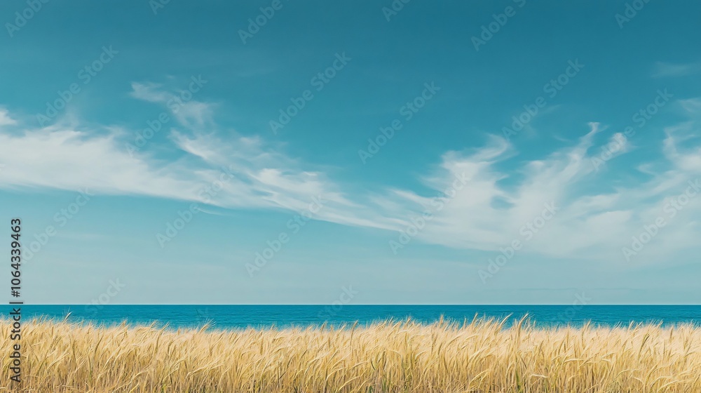 Tranquil Seascape with Golden Grass and Blue Sky Tranquil Seascape with Golden Grass and Blue Sky