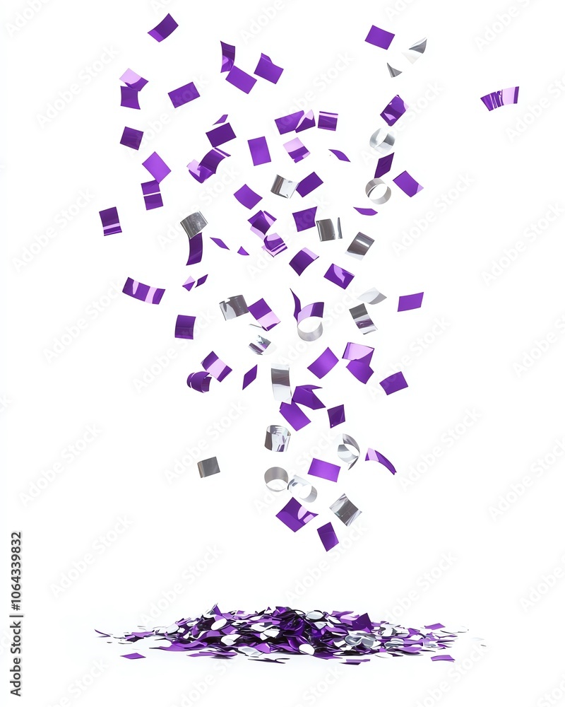 Colorful purple and silver confetti falling against a white background, creating a festive atmosphere, perfect for celebrations and special occasions. Colorful purple and silver confetti falling against a white background, creating a festive atmosphere, perfect for celebrations and special occasions.