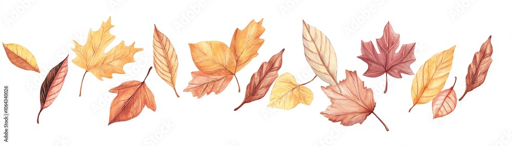 Obraz premium A beautiful collection of autumn leaves in vibrant hues of orange, yellow, and red, showcased against a white background.