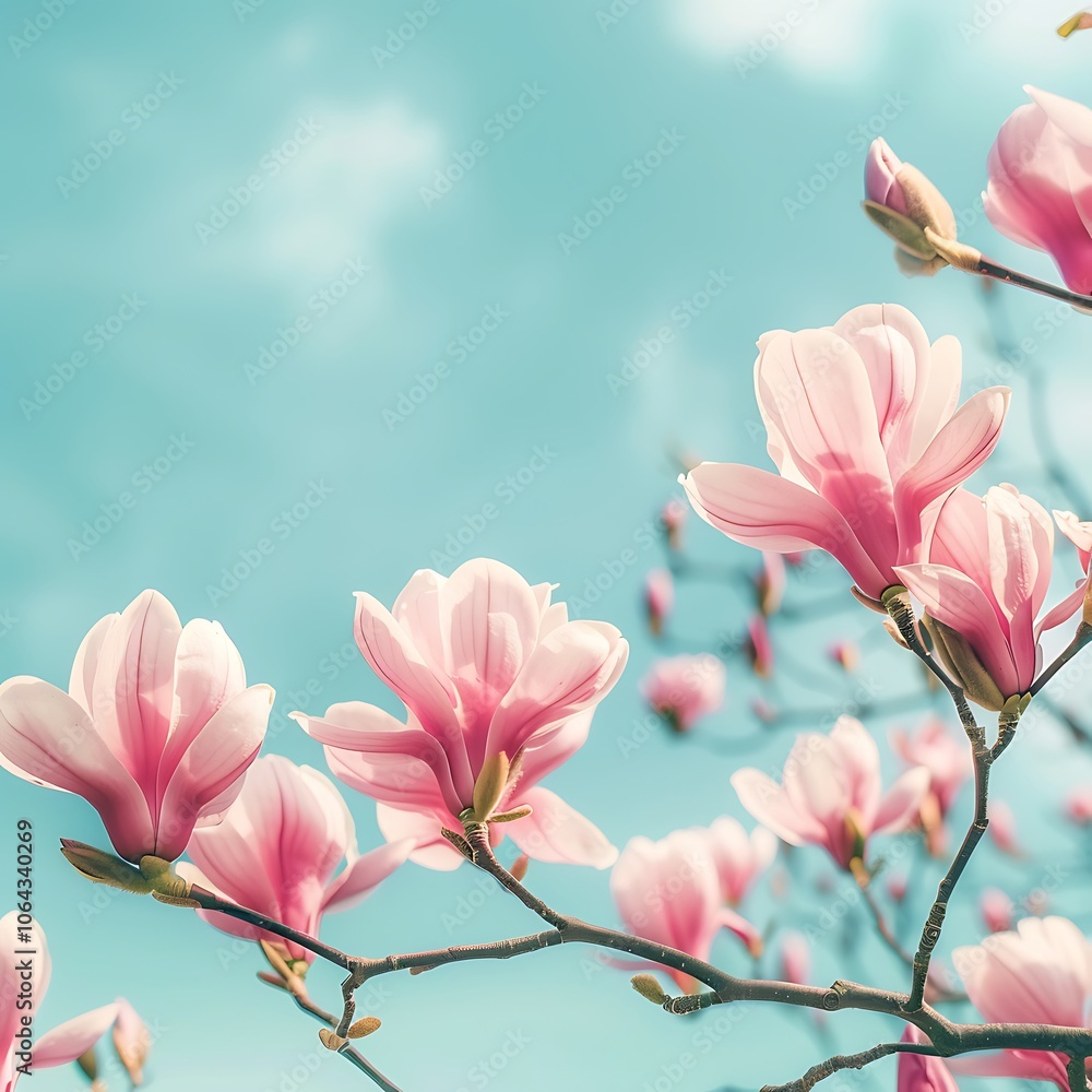 Obraz premium Magnolia tree with pink flowers on blue sky background. Spring time.