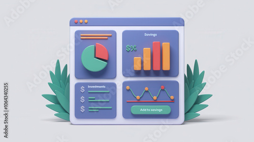 3D illustration of savings account dashboard with graphs and charts