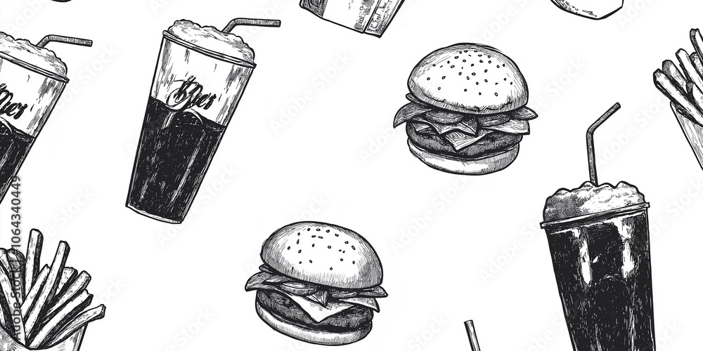 Hand-drawn illustration presenting a seamless pattern of classic fast food items Hand-drawn illustration presenting a seamless pattern of classic fast food items