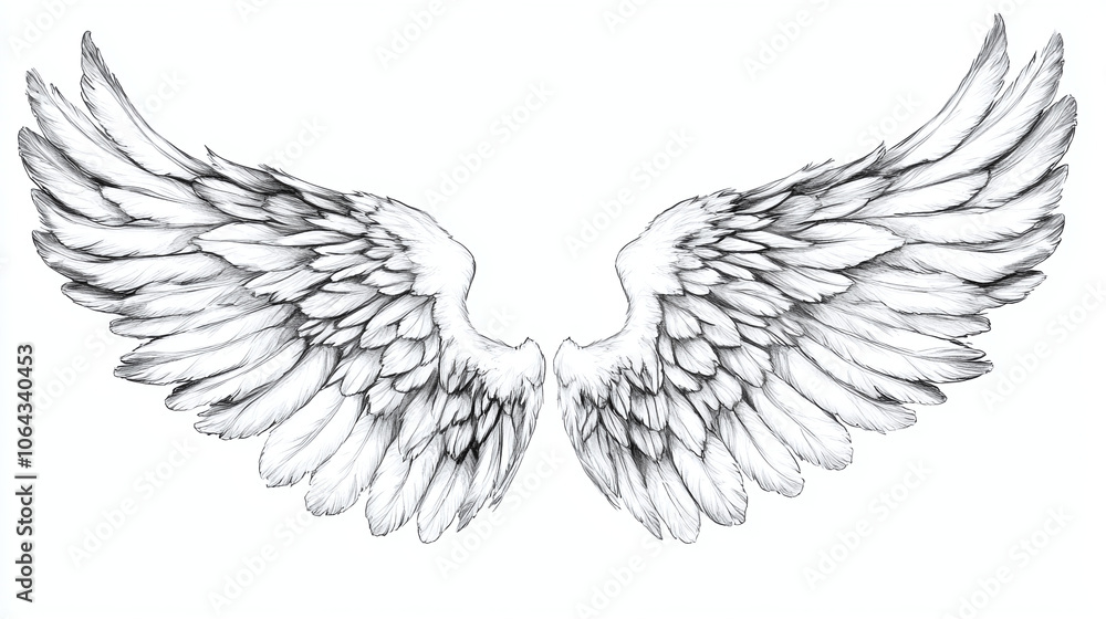Fototapeta premium Artistic hand-drawn bird and angel wings with feather textures, presented on a white background.