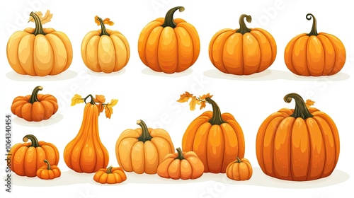 Various Orange Pumpkins on a White Background