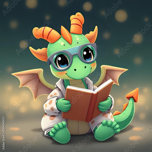 Baby dragon reading a book