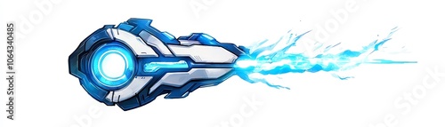 Futuristic blue energy projectile with dynamic motion effects, isolated on white background.