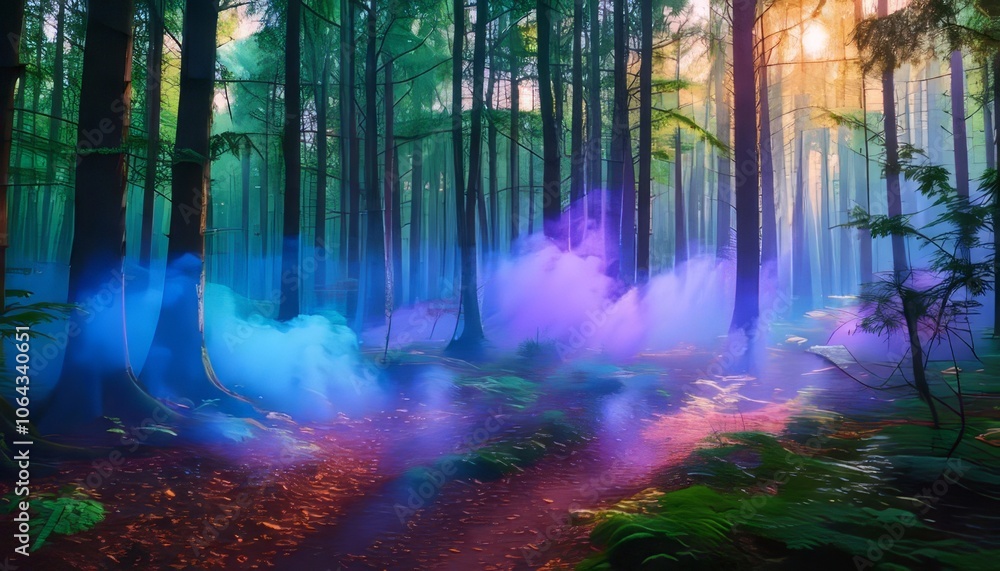 Obraz premium A mystical forest path bathed in vibrant neon smoke, evoking a dreamlike atmosphere. The colors dance and swirl, creating an ethereal and enchanting scene.