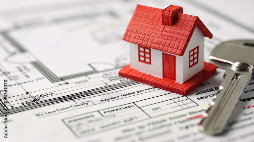Miniature house model and key placed on architectural blueprints, symbolizing real estate, home ownership, and property investment planning Miniature house model and key placed on architectural blueprints, symbolizing real estate, home ownership, and property investment planning