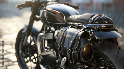 Close-up of a black leather saddlebag attached to a modern motorcycle, emphasizing style and functionality for urban travel