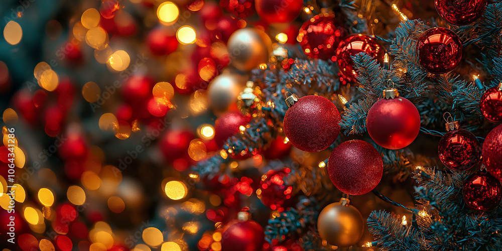 Christmas tree decorated with red and gold baubles and string lights creating a festive atmosphere Christmas tree decorated with red and gold baubles and string lights creating a festive atmosphere