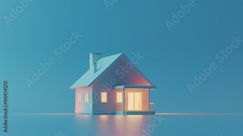 Stylized 3D rendering of a minimalist house with glowing warm lights, set against a serene blue background, creating a cozy ambiance